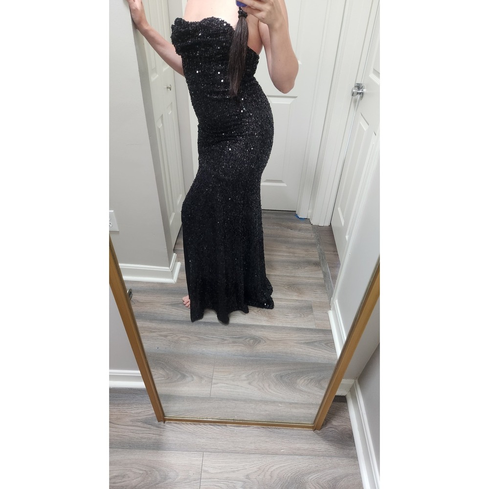 Black Sequin Strapless High Slit Evening Gown Formal Dress Size M‎